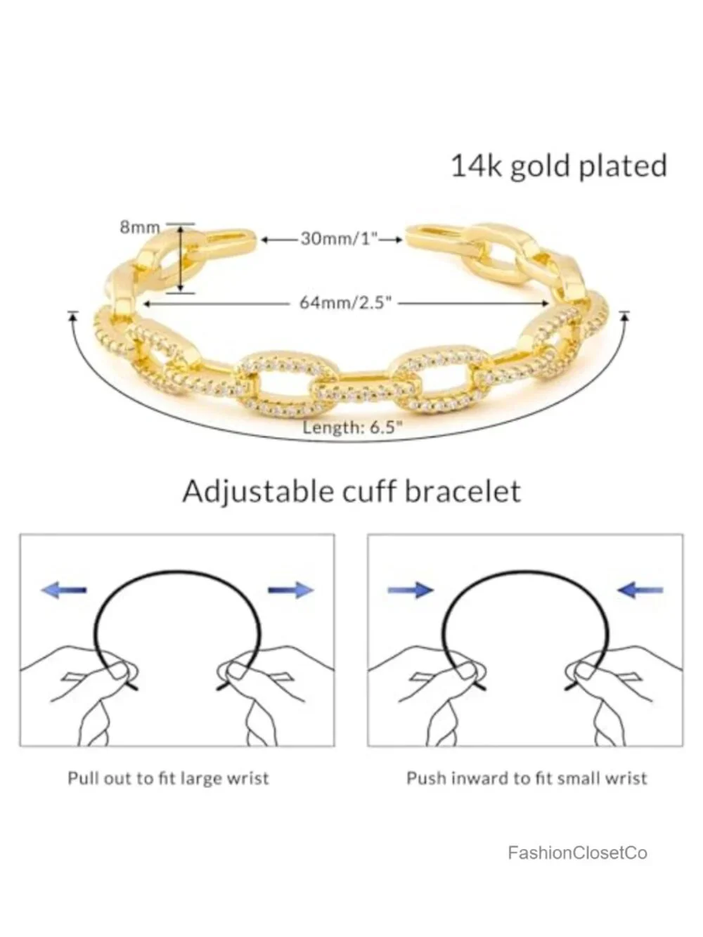 14K Gold Plated Adjustable Open Cuff Bangle Bracelet with Cubic Zirconia